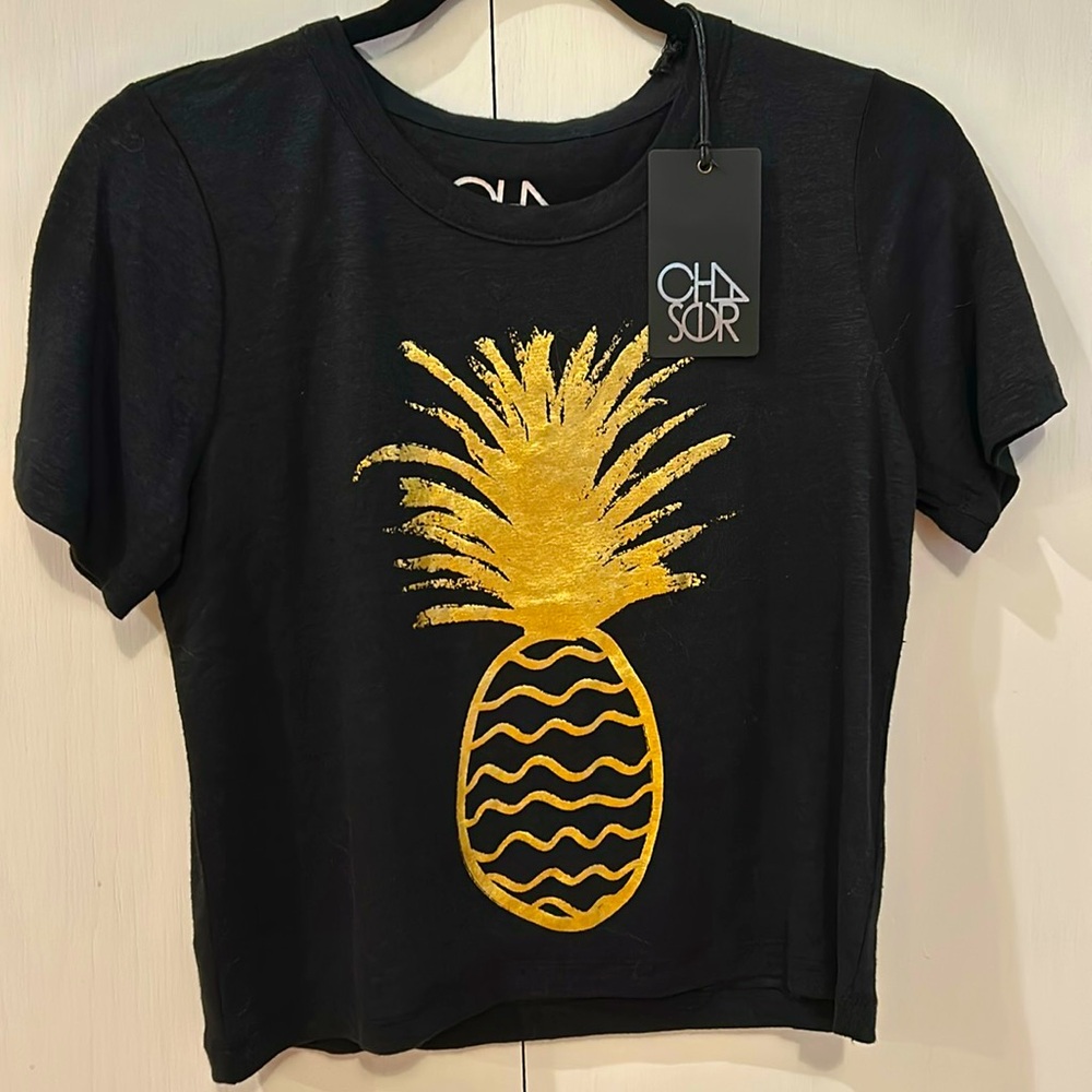 Chaser NEW Black Linen Tshirt with Gold  Pinapple